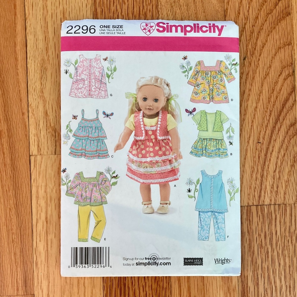 Simplicity 2296 doll clothes sewing pattern
